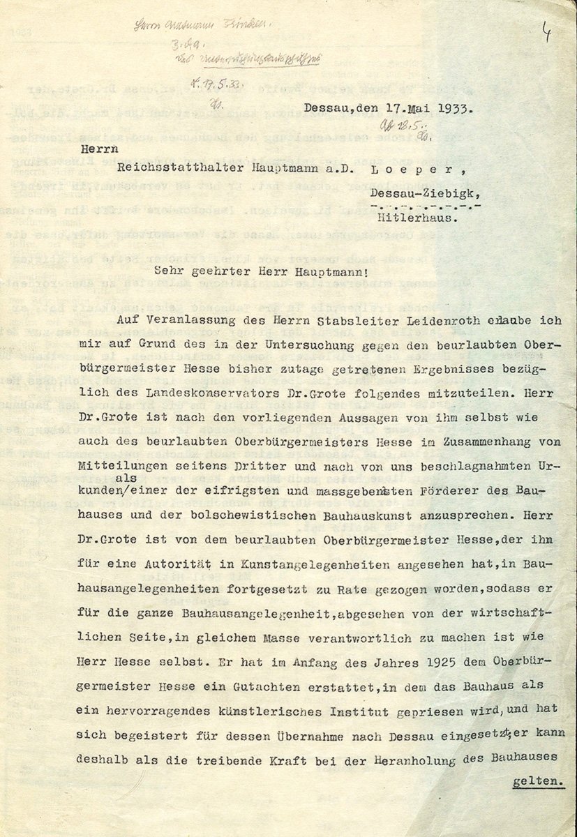 Letter from City Councillor Harms to Reich Governor Loeper 
